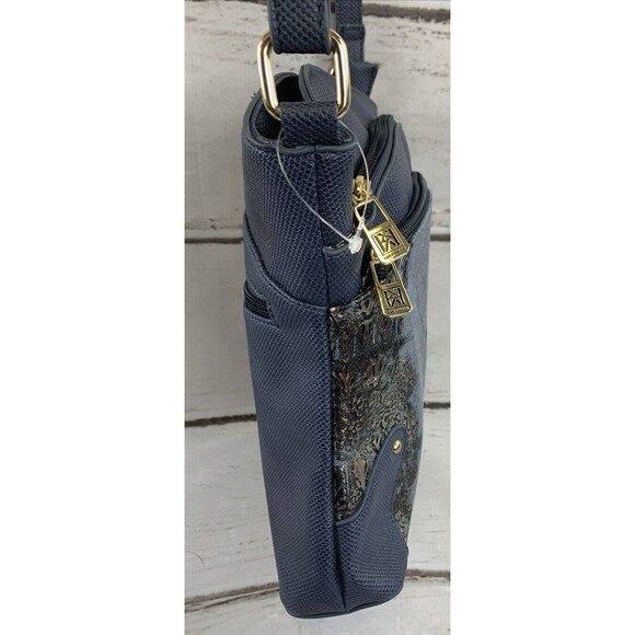 Karla Hanson Blue Metallic Crossbody Purse Bag Tote Organizer Zippers Stud Feet - Picture 5 of 16